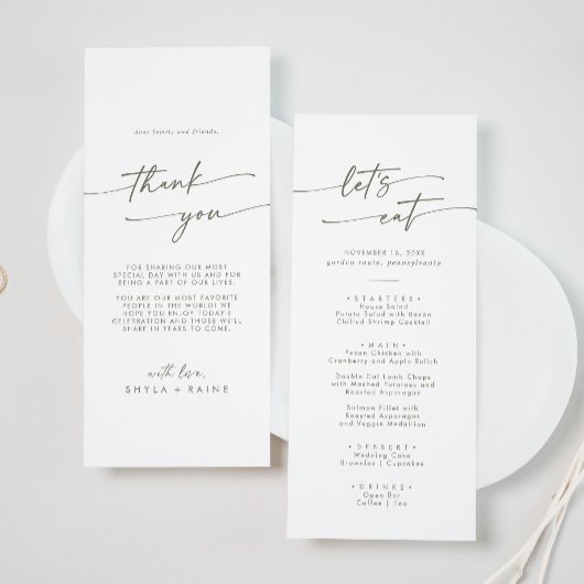 Boho Chic Groen en Wit Dank u en Bruiloft Menu