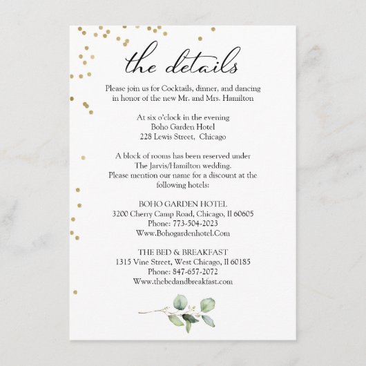 Boho-chic groen eucalyptus bruiloft details informatiekaartje (Voorkant)