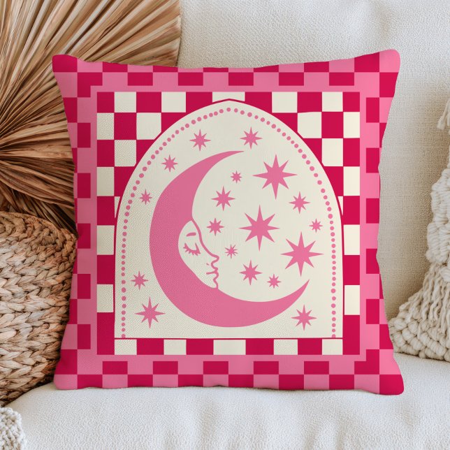 Boho Chic Halve Maan met Sterren Roze Geruit  Kussen (Creator heeft geüpload)