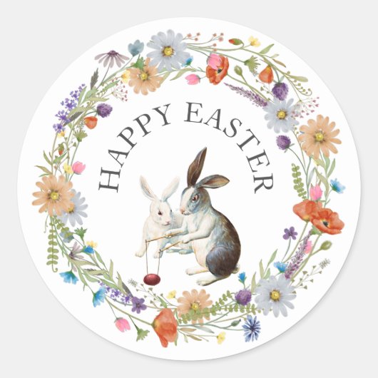 Boho Chic Happy Paast Bunnies Spring Wildbloemen Ronde Sticker (Voorkant)