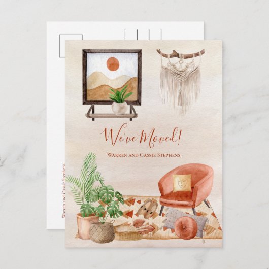 Boho Chic Home Scene Macrame Moving Notice Aankondigingskaart (Voorkant / Achterkant)