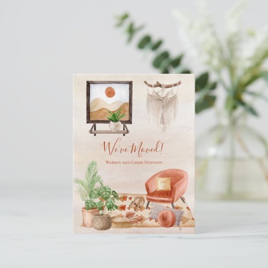 Boho Chic Home Scene Macrame Moving Notice Aankondigingskaart (Staand voorkant)