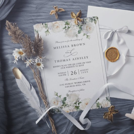Boho Chic Ivoor Witte Rozen Bloemencode QR Huwelij Kaart