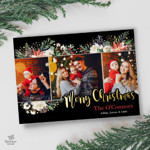 Boho Chic Kerst Florale Folie Vakantie Fotokaart Feestdagenkaart
