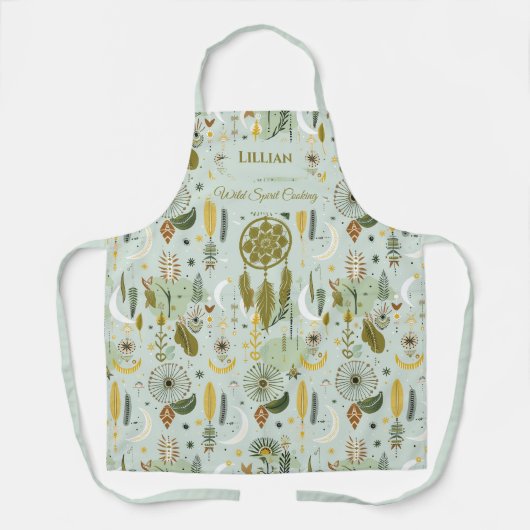 Boho Chic Keuken met Dreamcatcher in Sage Green Schort (Voorkant)