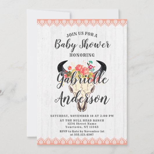 Boho Chic Koe schedel Bloemen Baby shower Uitnodig Kaart (Voorkant)