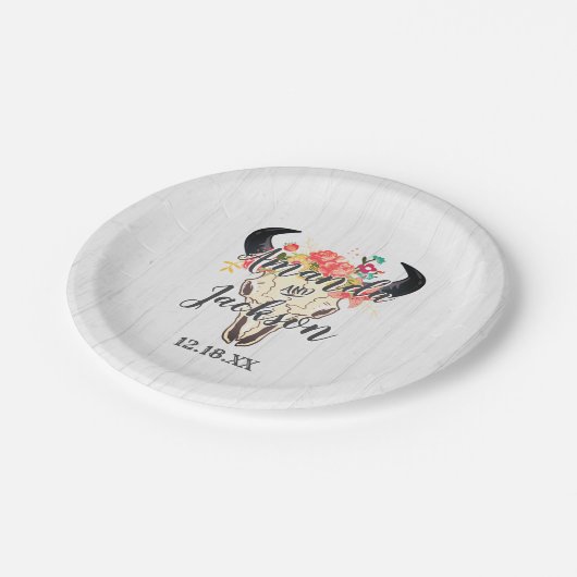 Boho Chic Koe schedel Bloemen Rustiek Bruiloft Mon Papieren Bordje (Gekanteld)