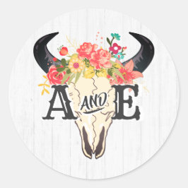 Boho Chic Koe schedel Bloemen Rustiek Monogram Bru Ronde Sticker