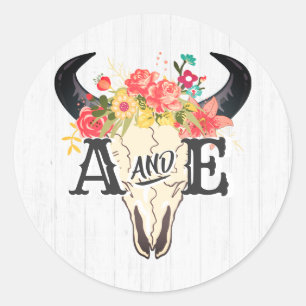Boho Chic Koe schedel Bloemen Rustiek Monogram Bru Ronde Sticker