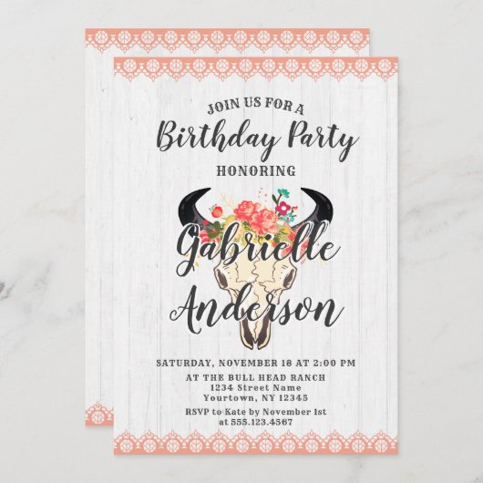 Boho Chic Koe schedel Verjaardagsfeestuitnodiging Kaart (Voorkant / Achterkant)