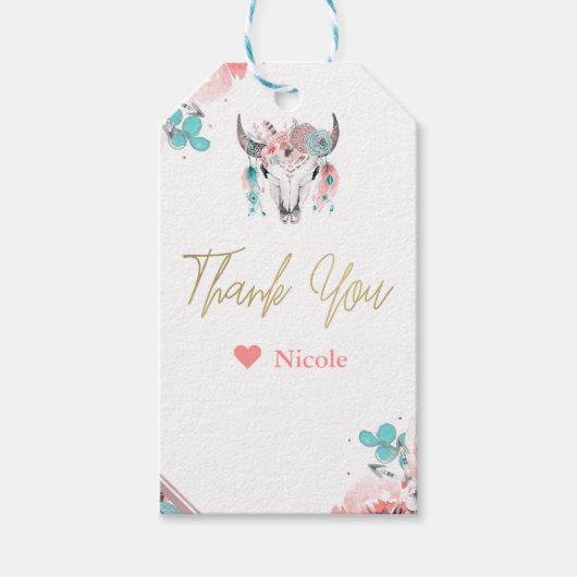 Boho Chic Koeien schedel Bloemige Verjaardag Bohee Cadeaulabel (Voorkant)