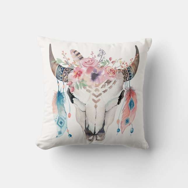 Boho Chic Koeien schedel Veren & Bloemen Glam Kussen (Voorkant)