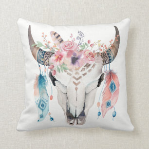 Boho Chic Koeien schedel Veren & Bloemen Glam Kussen