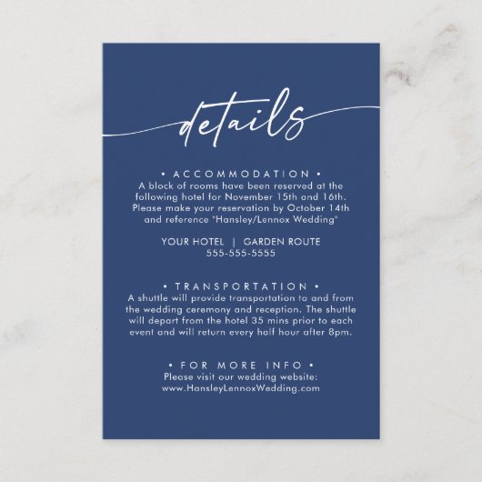 Boho chic koningsblauw bruiloft details informatiekaartje (Voorkant)
