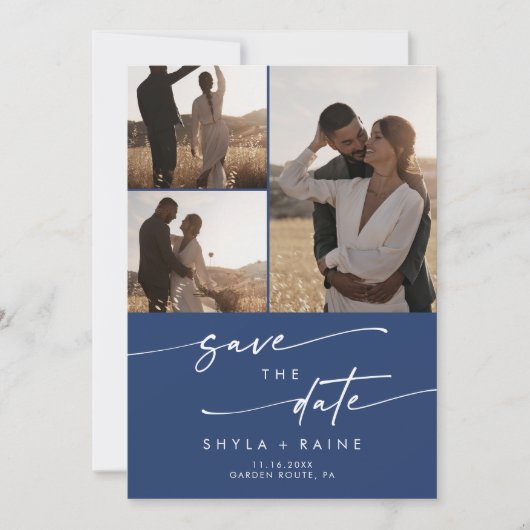 Boho chic koningsblauw multi foto QR code Save The Date (Voorkant)