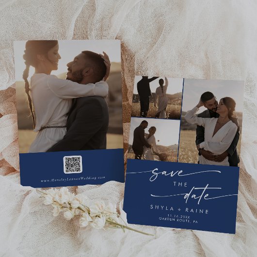 Boho chic koningsblauw multi foto QR code Save The Date