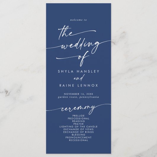 Boho chic koninklijke blauwe thee lengte bruiloft programmakaart (Voorkant)