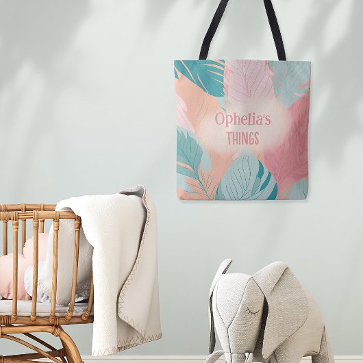 Boho chic koraal roze turquoise bladeren naam Baby Tote Bag