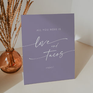 Boho Chic Lavendel Paarse liefde Taco Bar bruiloft Reclamebord Met Voetstuk
