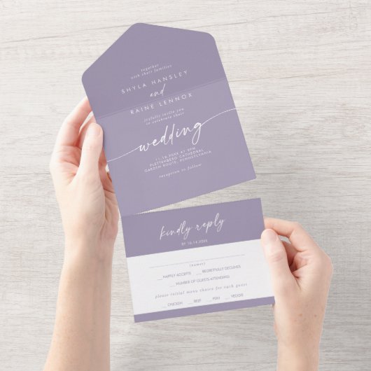 Boho Chic Lavendel Paarse Maaltijd Keuze RSVP Brui All In One Uitnodiging (Afscheurbaar)