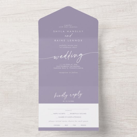 Boho Chic Lavendel Paarse Maaltijd Keuze RSVP Brui All In One Uitnodiging (Binnen)