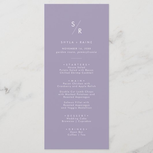 Boho Chic Lavendel Paarse Monogram Bruiloft Menu (Voorkant)