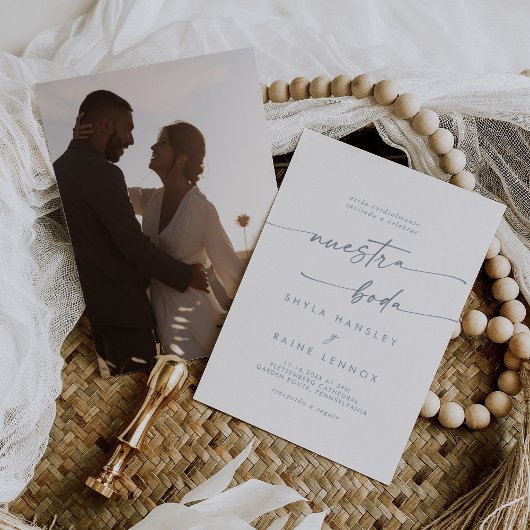 Boho chic leisteen blauw foto Spaanse bruiloft Kaart