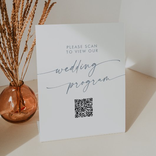 Boho chic leisteen blauw QR code bruiloft programm Reclamebord Met Voetstuk