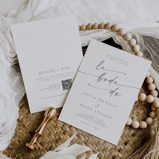 Boho chic leisteen blauw QR code Spaanse bruiloft Kaart