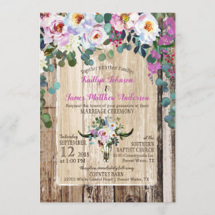 Boho Chic Longhorn Cow Skull Floral Wedding Kaart