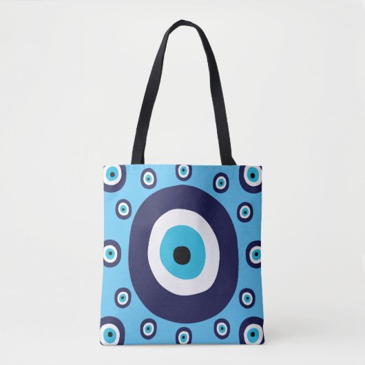 Boho Chic Lucky Grieks Evil Eye Blauw en Wit Tote Bag (Voorkant)