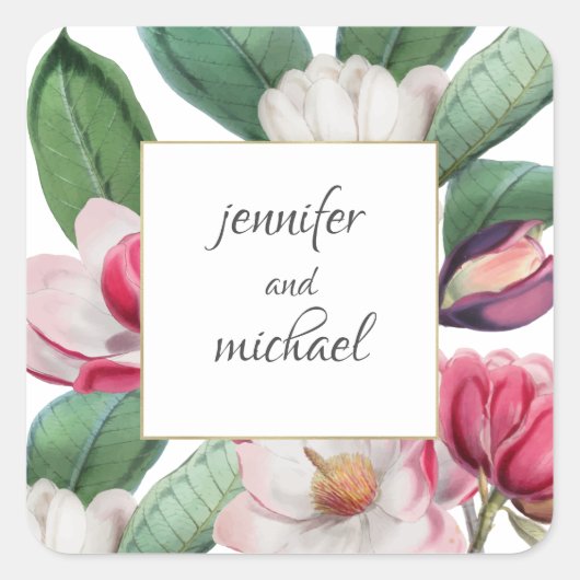 Boho Chic Magnolia Floral Bride en Groom Vierkante Sticker (Voorkant)