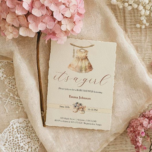 Boho chic meisje jurk beige Baby shower uitnodigin Kaart