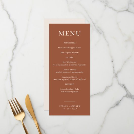 Boho Chic Minimal Terracotta bruiloft Menu (Voorkant / Achterkant in situ)