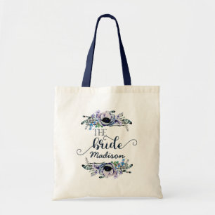Boho Chic Mint Marine Bloemen Monogram Bruiloft Br Tote Bag