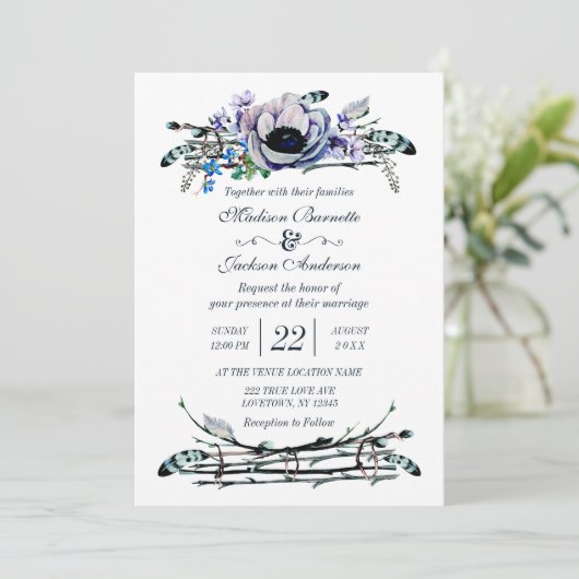 Boho Chic Mint & Navy Bloemen bruiloft uitnodiging (Staand voorkant)