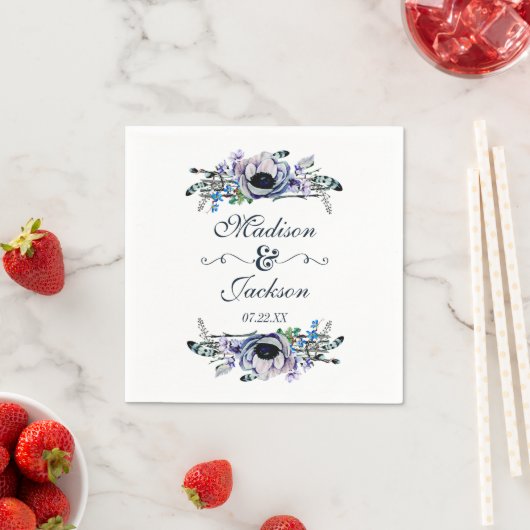 Boho Chic Mint & Navy Bloemen Monogram Bruiloft Servet (Insitu)