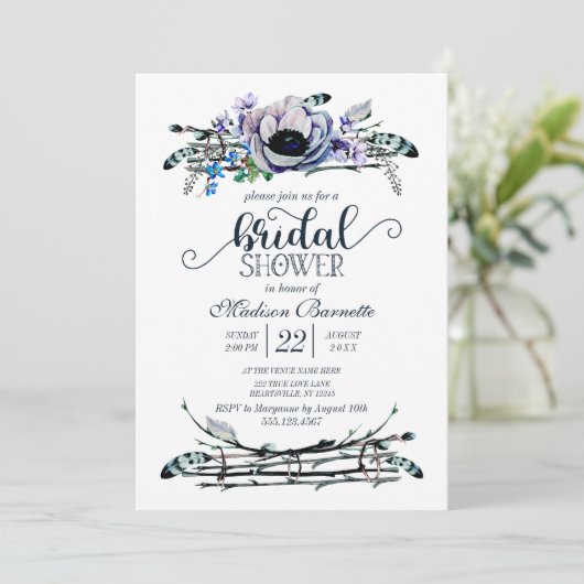 Boho Chic Mint & Navy Bridal Shower Uitnodiging (Staand voorkant)