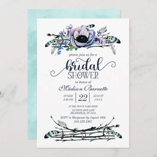 Boho Chic Mint & Navy Bridal Shower Uitnodiging (Voorkant / Achterkant)