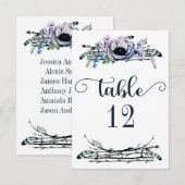 Boho Chic Mint & Navy Floral Table Number Seat Kaart (Voorkant / Achterkant)