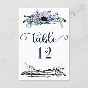 Boho Chic Mint & Navy Floral Table Number Seat Kaart
