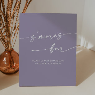 Boho Chic Modern Lavendel Paarse Smores bruiloft Reclamebord Met Voetstuk