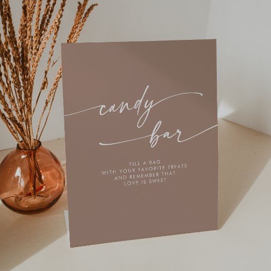 Boho Chic Modern Neutral Taupe Snoep Bar Trouwen Reclamebord Met Voetstuk