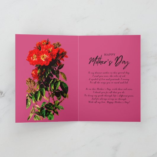 Boho Chic Moederdag Red Roses Bouquet Magenta Kaart (Binnen)