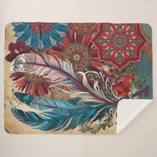 Boho Chic Mysterious Mandala Feather Sherpa Deken (Voorkant (horizontaal))