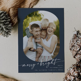Boho Chic Navy Blue Merry Bright Foto Kerstmis Feestdagenkaart
