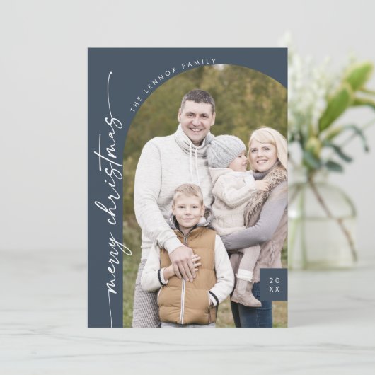 Boho Chic Navy Blue Photo Modern Vrolijk Kerstfees Feestdagenkaart (Staand voorkant)