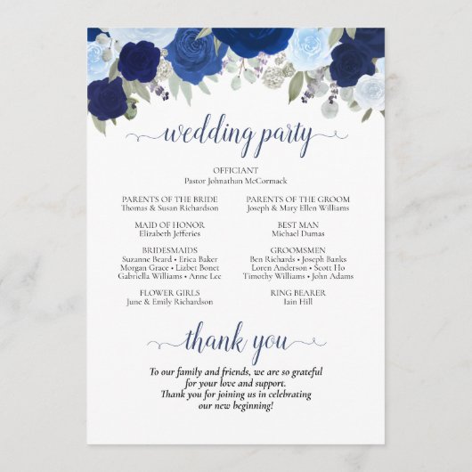 Boho Chic Navy & Stof Blauwe Rozen Elegante Trouwd Programmakaart (Achterkant)