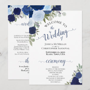 Boho Chic Navy & Stof Blauwe Rozen Elegante Trouwd Programmakaart