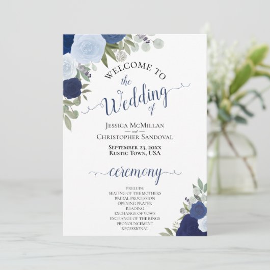 Boho Chic Navy & Stof Blauwe Rozen Elegante Trouwd Programmakaart (Staand voorkant)